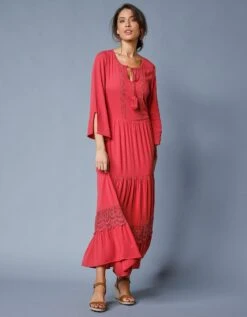 Robe Longue Unie Manches 3/4 Fendues, Crépon -Femmes Vêtements Magasin 501477 C02 zoomx vue5