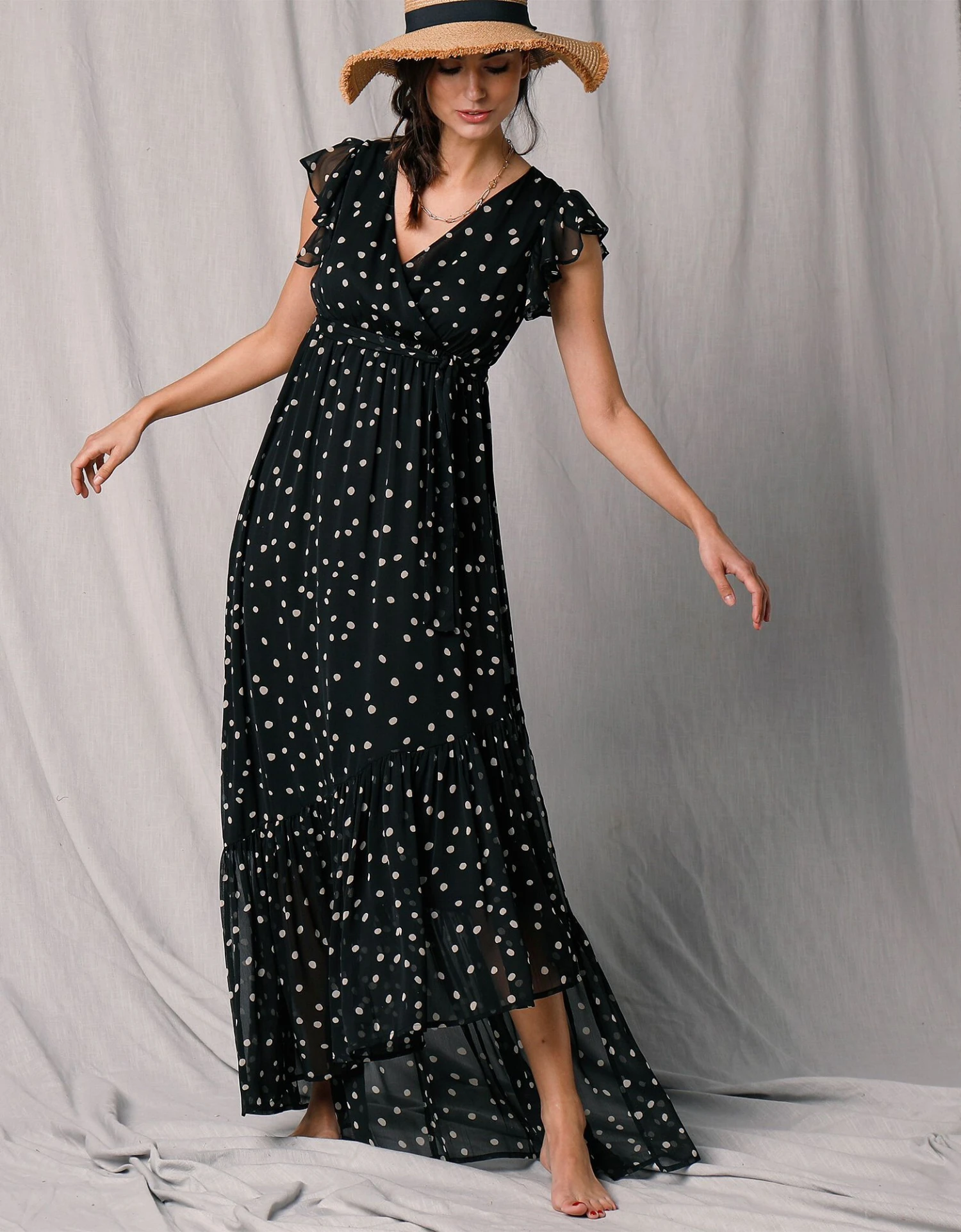 Robe Longue Cache-coeur Sans Manches Voile Imprimé 3 Robe Longue Cache-coeur Sans Manches Voile Imprimé