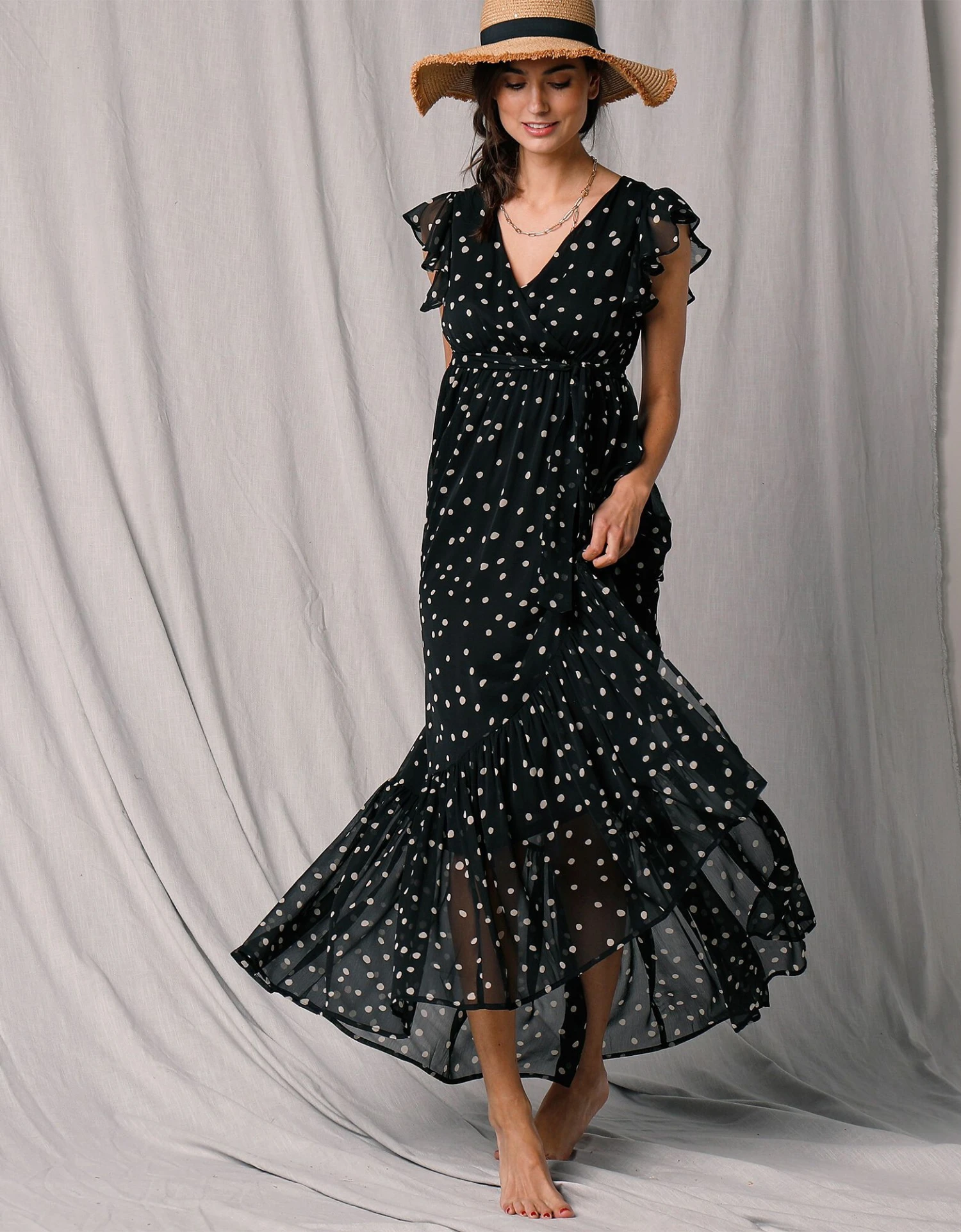 Robe Longue Cache-coeur Sans Manches Voile Imprimé 6 Robe Longue Cache-coeur Sans Manches Voile Imprimé – Image 4