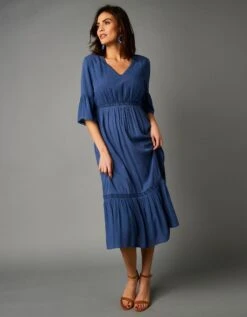 Robe Mi-longue Manches Volantées Crépon Fluide -Femmes Vêtements Magasin 501507 C01 zoomx vue4