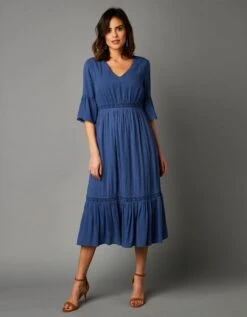 Robe Mi-longue Manches Volantées Crépon Fluide -Femmes Vêtements Magasin 501507 C01 zoomx vue5