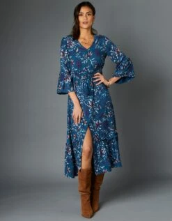 Femmes Vêtements Magasin 35 Robe Longue Imprimée Boutonnée Manches 3/4 Pagodes