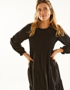 Robe Smockée Manches Longues Unie -Femmes Vêtements Magasin 501592 C01 zoomx vue3