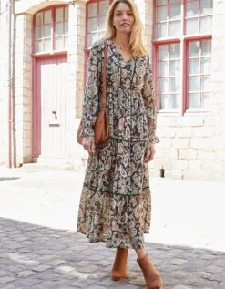 Robe Longue Volantée Imprimée, Crépon