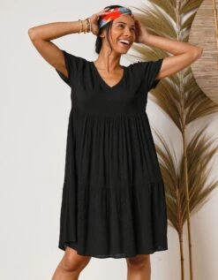 Robe Col V Courte Unie, Crépon -Femmes Vêtements Magasin 501640 C02 zoomx vue3