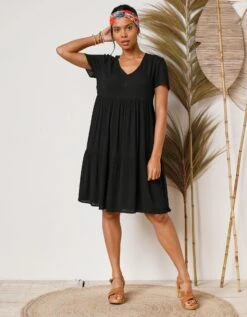 Robe Col V Courte Unie, Crépon -Femmes Vêtements Magasin 501640 C02 zoomx vue5