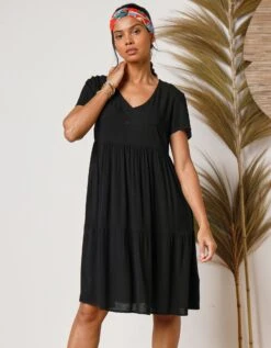 Robe Col V Courte Unie, Crépon -Femmes Vêtements Magasin 501640 C02 zoomx vue6