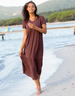 Robe Col V Longue Unie, Crépon