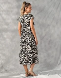 Robe Longue Manches Courtes, Imprimé Ethnique Bicolore -Femmes Vêtements Magasin 501653 C02 zoomx vue3