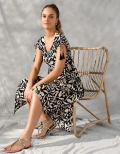 Robe Longue Manches Courtes, Imprimé Ethnique Bicolore -Femmes Vêtements Magasin 501653 C02 zoomx vue4