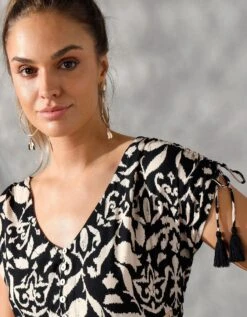 Robe Longue Manches Courtes, Imprimé Ethnique Bicolore -Femmes Vêtements Magasin 501653 C02 zoomx vue6