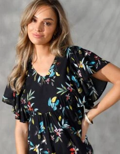 Robe Courte Manches "papillon", Imprimé Floral -Femmes Vêtements Magasin 501659 C01 zoomx vue2