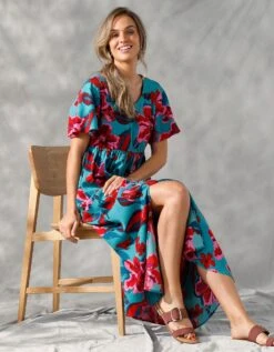 Robe Longue Manches "papillon" Imprimée Grandes Fleurs