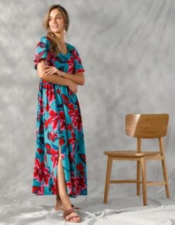 Robe Longue Manches "papillon" Imprimée Grandes Fleurs -Femmes Vêtements Magasin 501660 C01 zoomx vue5