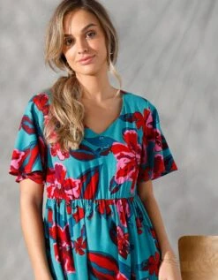 Robe Longue Manches "papillon" Imprimée Grandes Fleurs -Femmes Vêtements Magasin 501660 C01 zoomx vue6