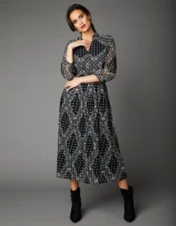 Robe Longue Plissée Imprimé Fantaisie, Manches 3/4 -Femmes Vêtements Magasin 501696 C01 zoomx vue3