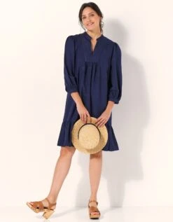 Robe Manches 3/4 Volantée Viscose-lin -Femmes Vêtements Magasin 501756 C00 zoomx vue4