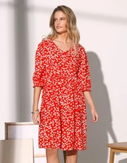 Robe Fluide Boutonné Base évasée Imprimé Fleuri