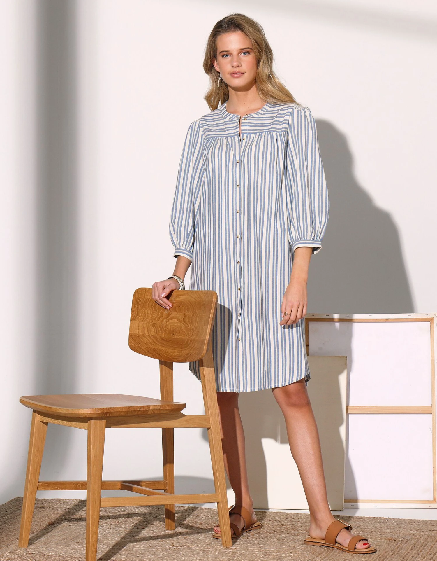 Robe Chemisier Col Officier Manches 3/4 Rayée 7 Robe Chemisier Col Officier Manches 3/4 Rayée – Image 5