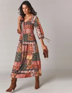Robe Longue Imprimé Patchwork Col V