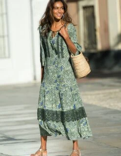 Robe Longue Imprimée Manches 3/4 Fendues