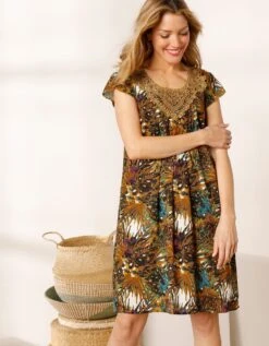 Femmes Vêtements Magasin 43 Robe Imprimé Tropical - Décolleté Macramé