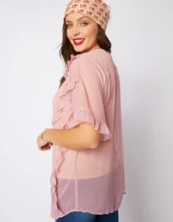 Blouse Volantée En Voile Manches Courtes - Rose Poudré -Femmes Vêtements Magasin 560021 C01 zoomx vue2