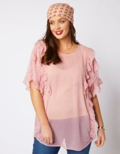 Blouse Volantée En Voile Manches Courtes - Rose Poudré -Femmes Vêtements Magasin 560021 C01 zoomx vue3