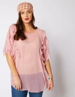 Blouse Volantée En Voile Manches Courtes - Rose Poudré -Femmes Vêtements Magasin 560021 C01 zoomx vue5