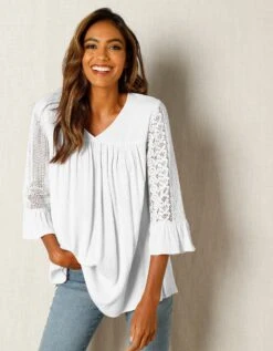 Blouse Unie Col V Manches 3/4 Macramé