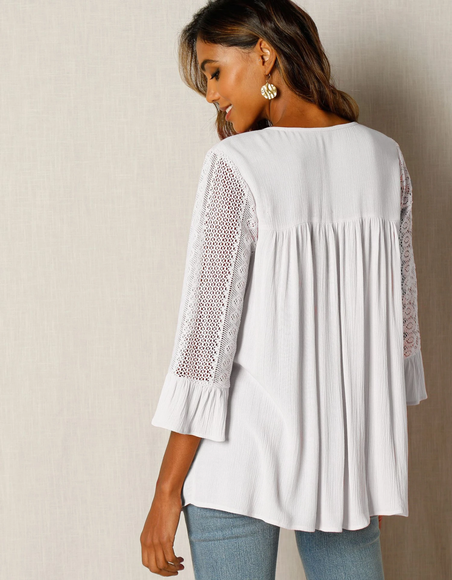 Blouse Unie Col V Manches 3/4 Macramé 4 Blouse Unie Col V Manches 3/4 Macramé – Image 2