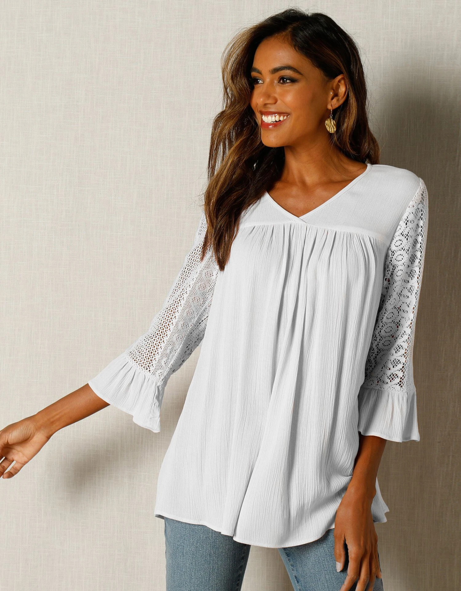 Blouse Unie Col V Manches 3/4 Macramé 6 Blouse Unie Col V Manches 3/4 Macramé – Image 4