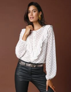 Blouse Boutonnée En Dentelle à Volants