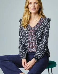 Blouse Fleurie Volantée à Broderies Contrastantes -Femmes Vêtements Magasin 560602 C01 zoomx vue3