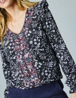 Blouse Fleurie Volantée à Broderies Contrastantes -Femmes Vêtements Magasin 560602 C01 zoomx vue4
