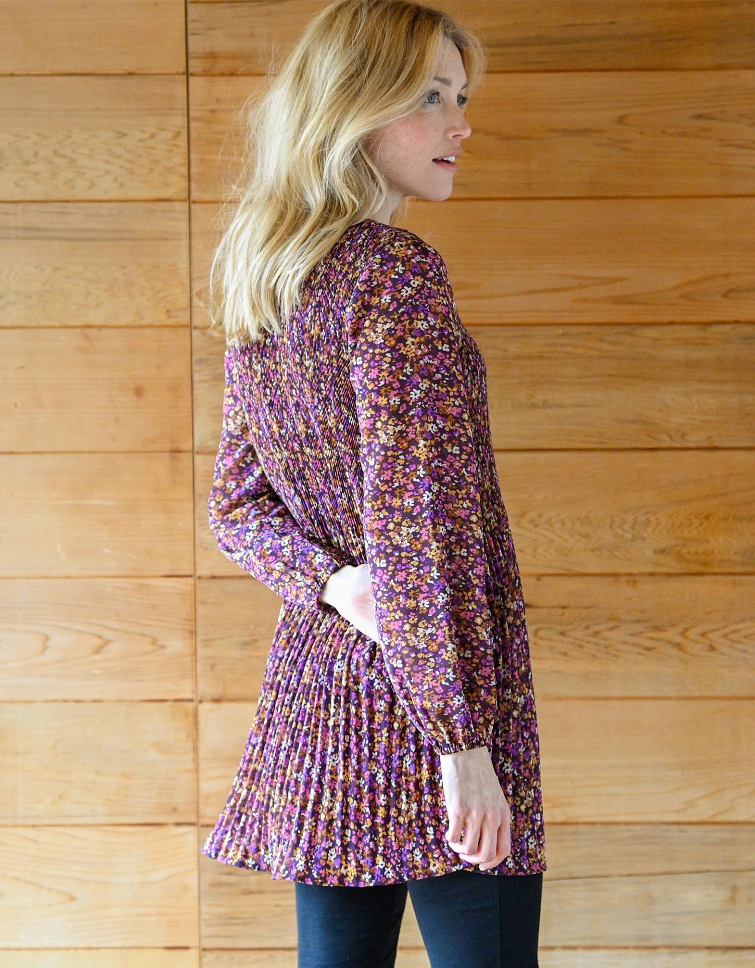 Tunique Plissée Imprimé Fleuri, Voile 4 Tunique Plissée Imprimé Fleuri, Voile – Image 2