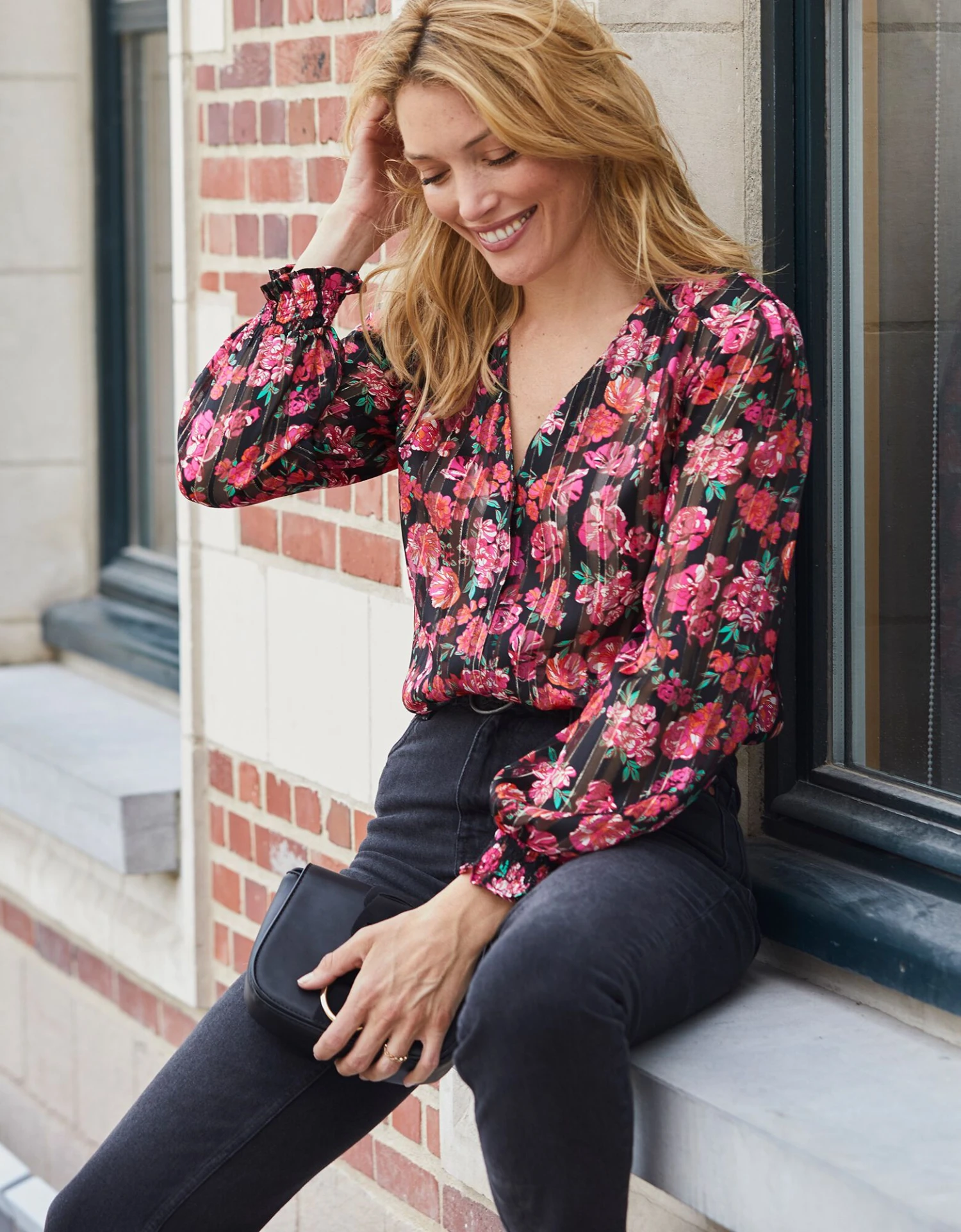 Blouse Boutonnée Imprimé Fleuri, Voile Jacquard 3 Blouse Boutonnée Imprimé Fleuri, Voile Jacquard