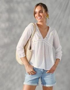 Blouse Effet Plumetis Brodée Citrons -Femmes Vêtements Magasin 560678 C01 zoomx vue4