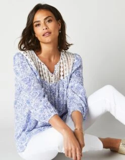 Blouse Macramé Imprimée Manches 3/4, Crépon -Femmes Vêtements Magasin 560682 C01 zoomx vue5
