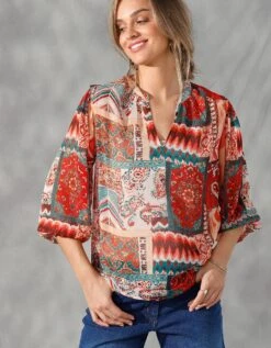 Blouse Voile Imprimé Patchwork Manches 3/4 Bouffantes -Femmes Vêtements Magasin 560686 C01 zoomx vue5