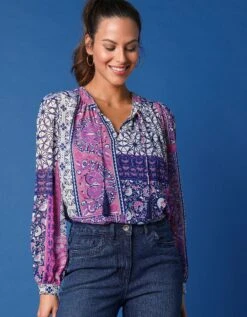 Blouse En Voile Imprimée Manches Longues Bouffantes