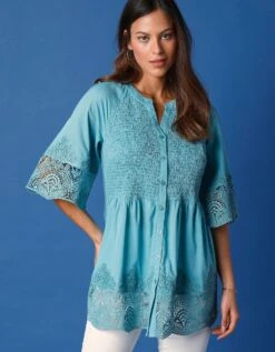 Tunique Ample Boutonnée, Détails Brodés -Femmes Vêtements Magasin 560691 C01 zoomx vue5