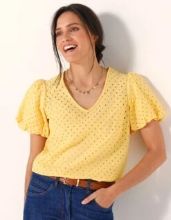 Blouse Unie Broderie Anglaise, Manches Courtes "ballon"