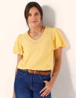 Blouse Unie Broderie Anglaise, Manches Courtes "ballon" -Femmes Vêtements Magasin 560718 C01 zoomx vue6