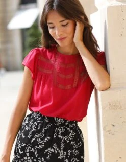 Blouse Unie Dentelle Manches Volantées