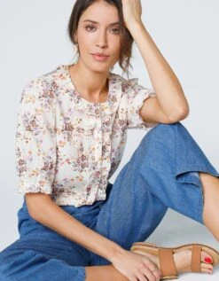 Blouse Volantée Imprimée Fleurs Manches Coude Blousantes -Femmes Vêtements Magasin 560752 C01 zoomx vue2