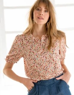 Chemisier Col Claudine Imprimé, Manches Courtes Blousantes