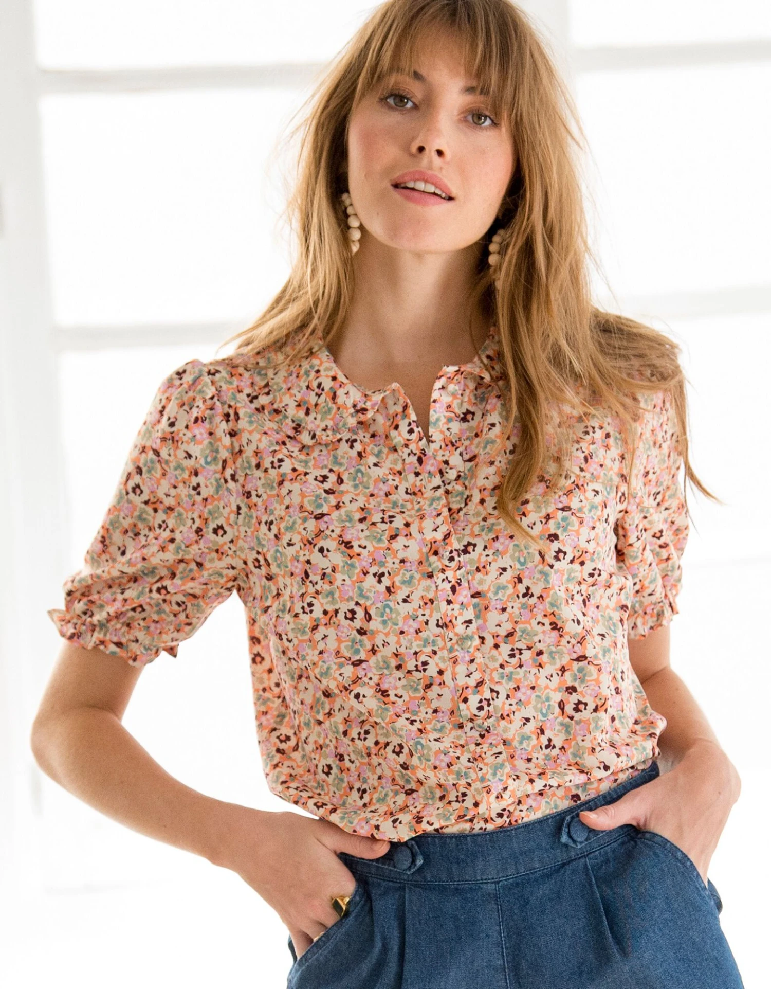 Chemisier Col Claudine Imprimé, Manches Courtes Blousantes 3 Chemisier Col Claudine Imprimé, Manches Courtes Blousantes