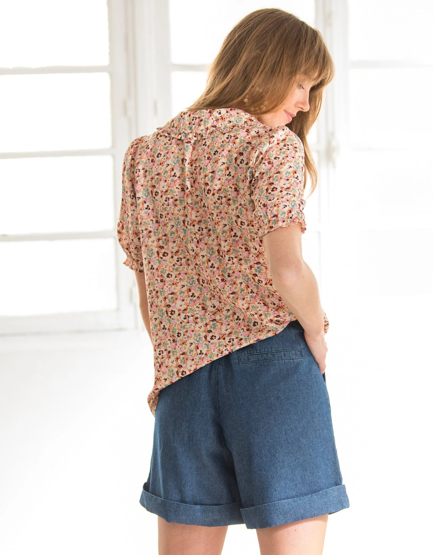 Chemisier Col Claudine Imprimé, Manches Courtes Blousantes 7 Chemisier Col Claudine Imprimé, Manches Courtes Blousantes – Image 5