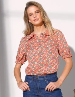 Chemisier Col Claudine Imprimé Fleuri, Manches Blousantes